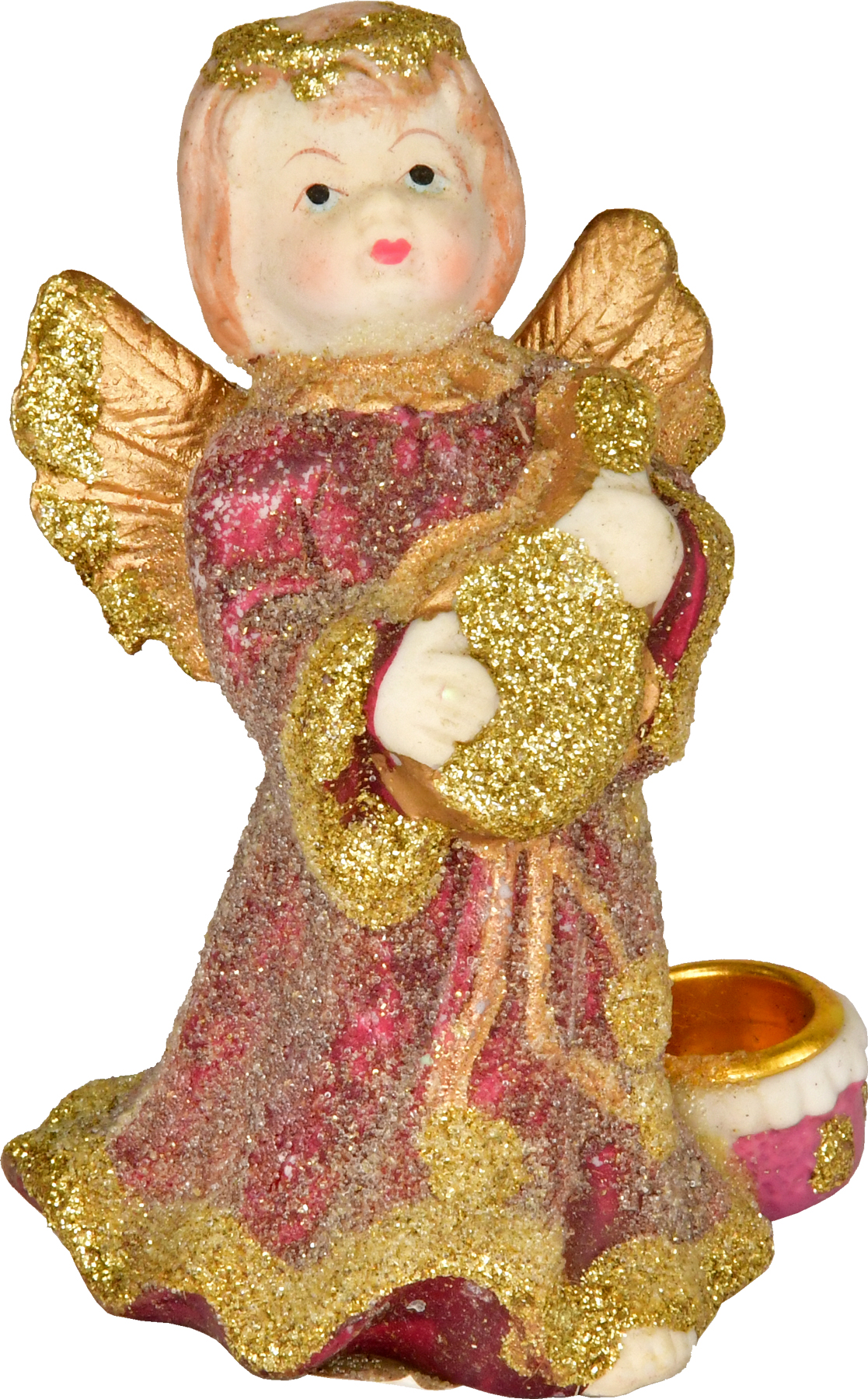 Keramikengel, stehend mit Laute, mit Kerzenhalter, Weinrot/Gold, Glitter
