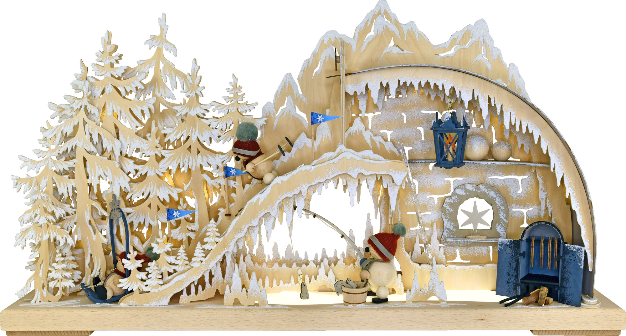 3D-Schwibbogen gr., Iglu, rote Mützen Schneemänner rot Mützen, Raureif