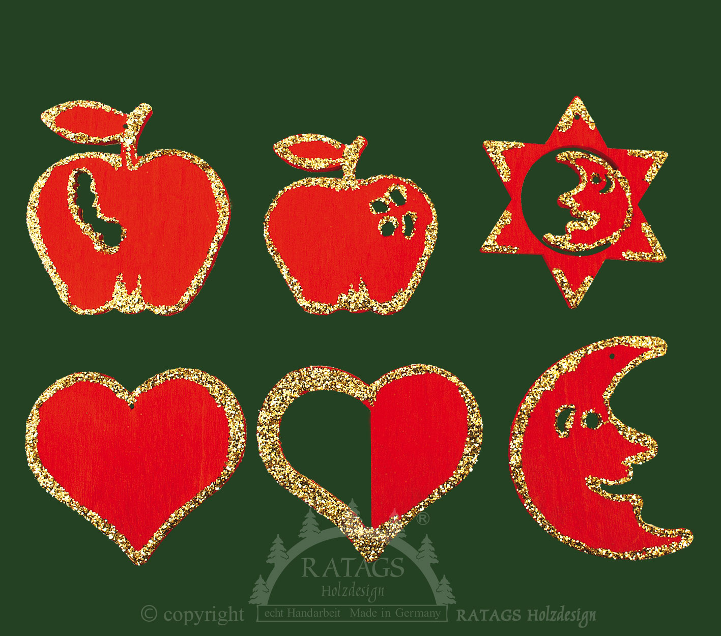 Tree decorations, set of 6, Christmas motifs, red and gold