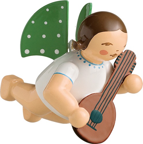 Engel mit Mandoline, schwebend dunkles Haar