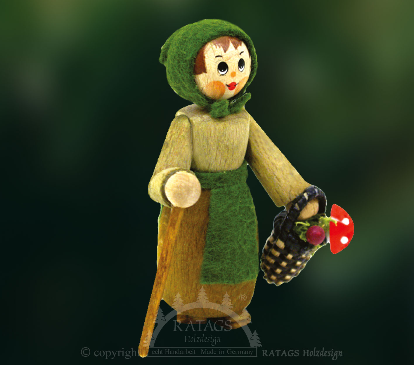 Figur, skogsdam med käpp och korg