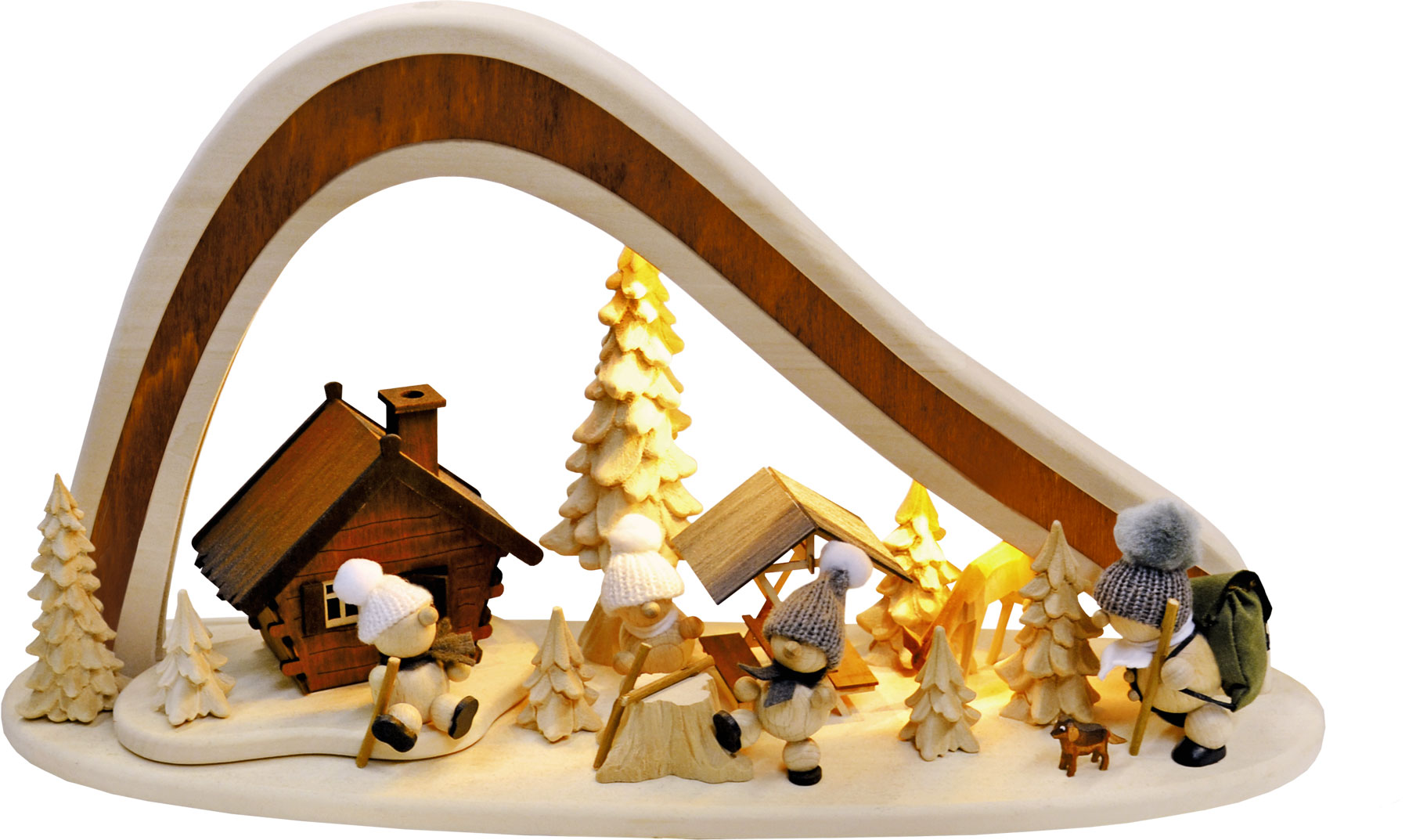 Solid wood arch, hiking in the mountains, with LED lighting