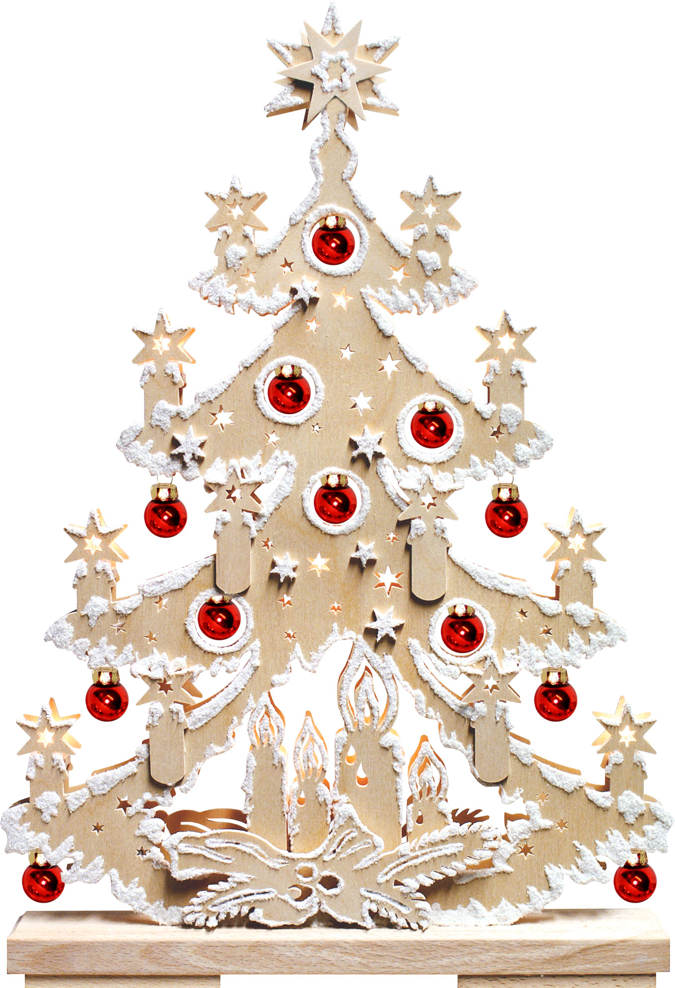 Small fir tree, red baubles, hoarfrost Hoarfrost