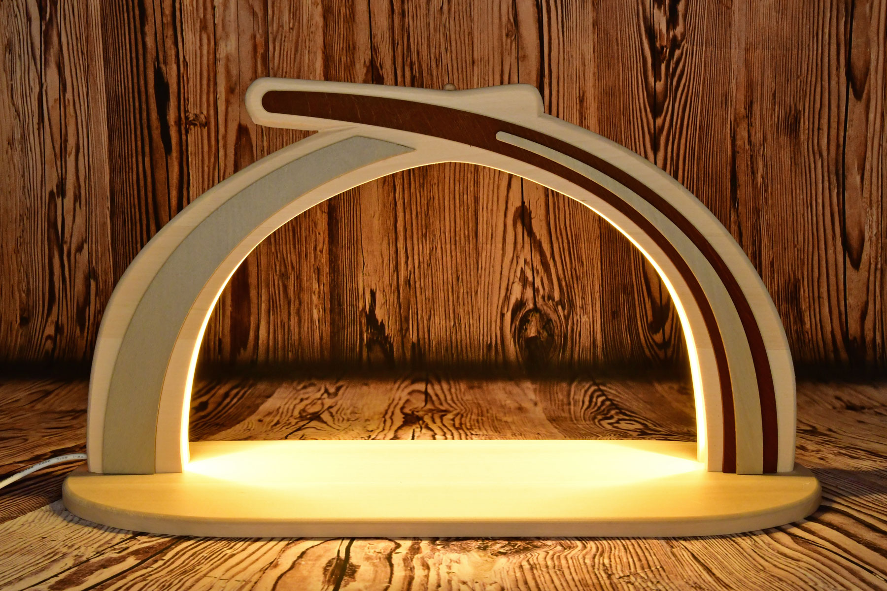 Solid wood arch, back wall, red/grey with LED lighting, unfitted