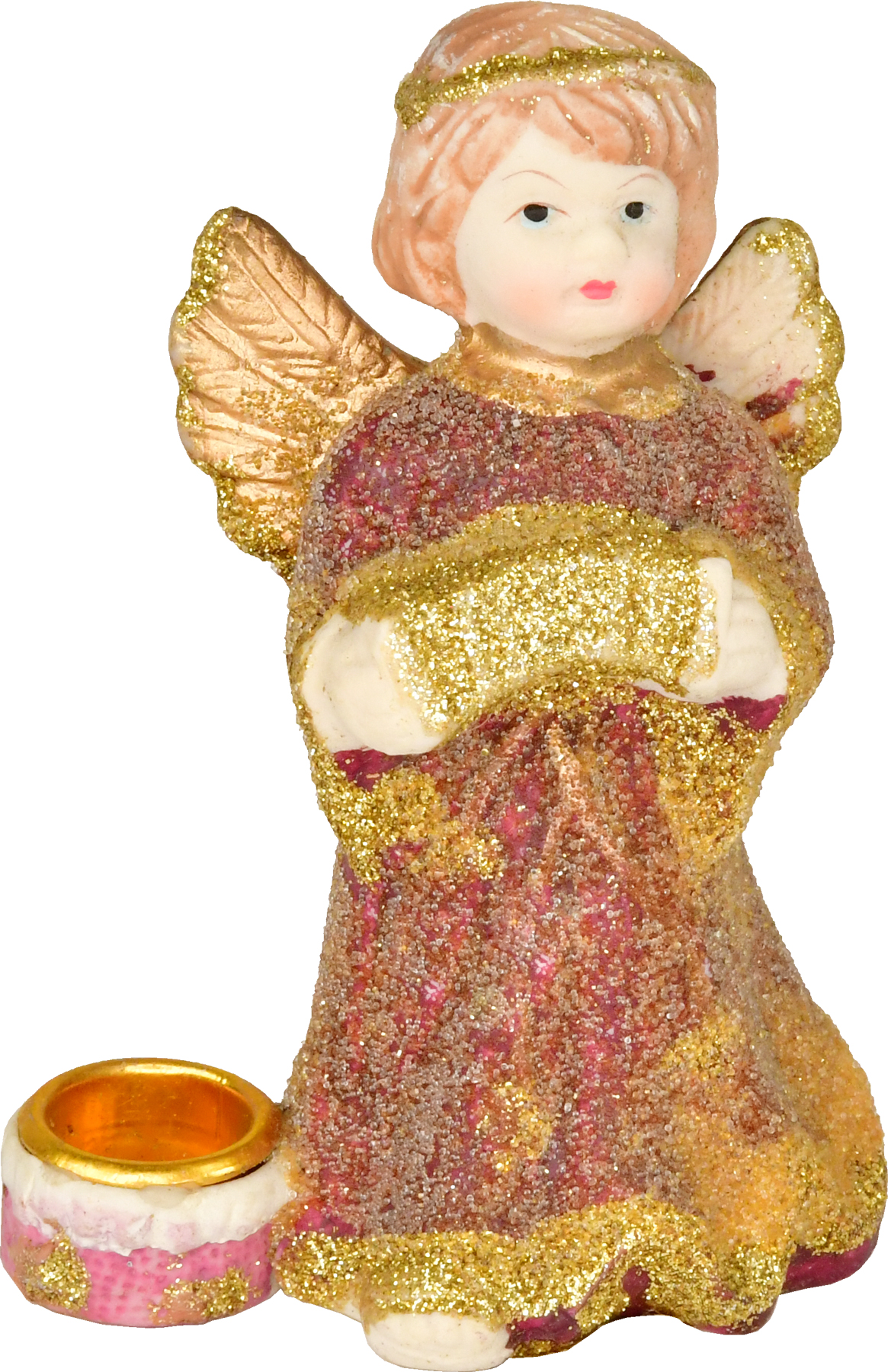 Ceramic angel, standing with harmonica, with candle holder, wine red/gold, glitter