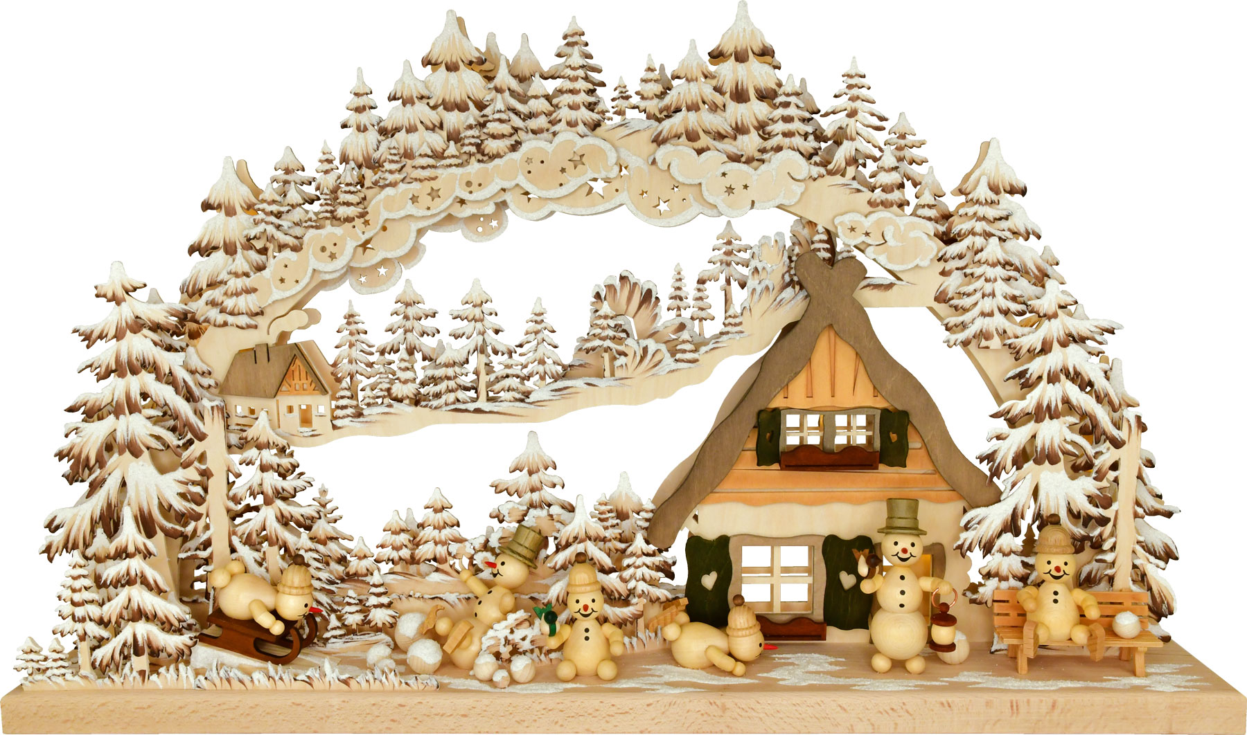 3D-Schwibbogen groß, Schneemannparadies, handbemalt, braun, Raureif