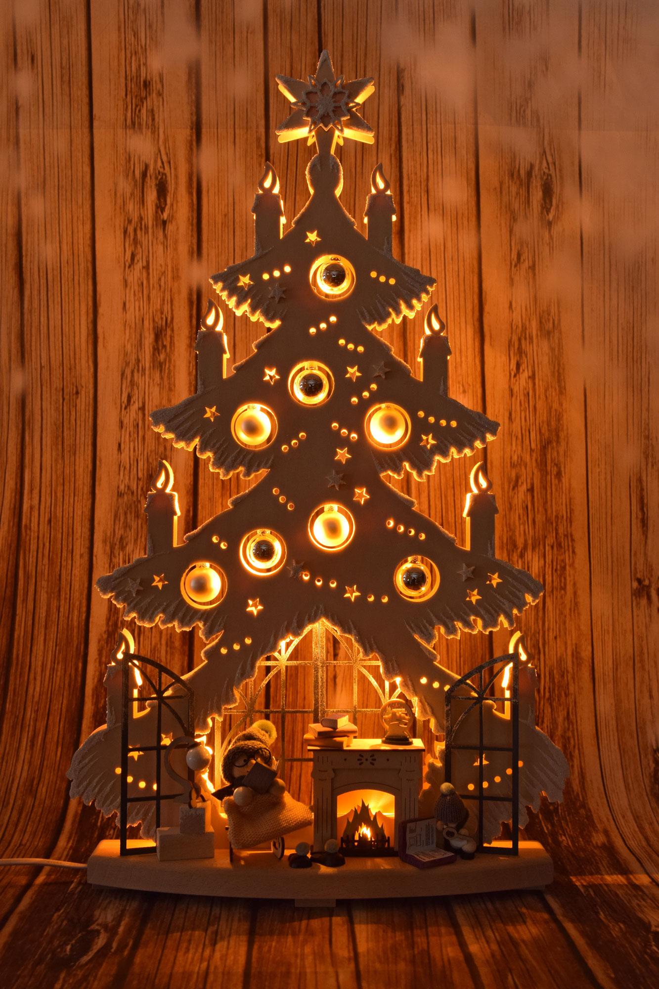 Large fir tree, hoarfrost, fireplace room with grandmother, shiny silver baubles