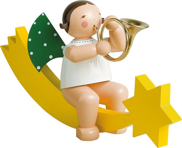 Engel mit Waldhorn, auf Schweif dunkles Haar