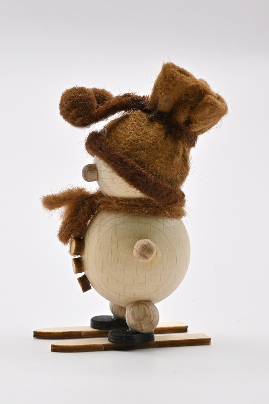 Natural snowman, on skis, brown hat, H 5 cm