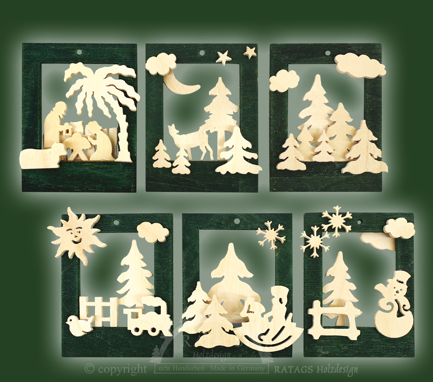 Tree decorations, set of 6, green wooden frames