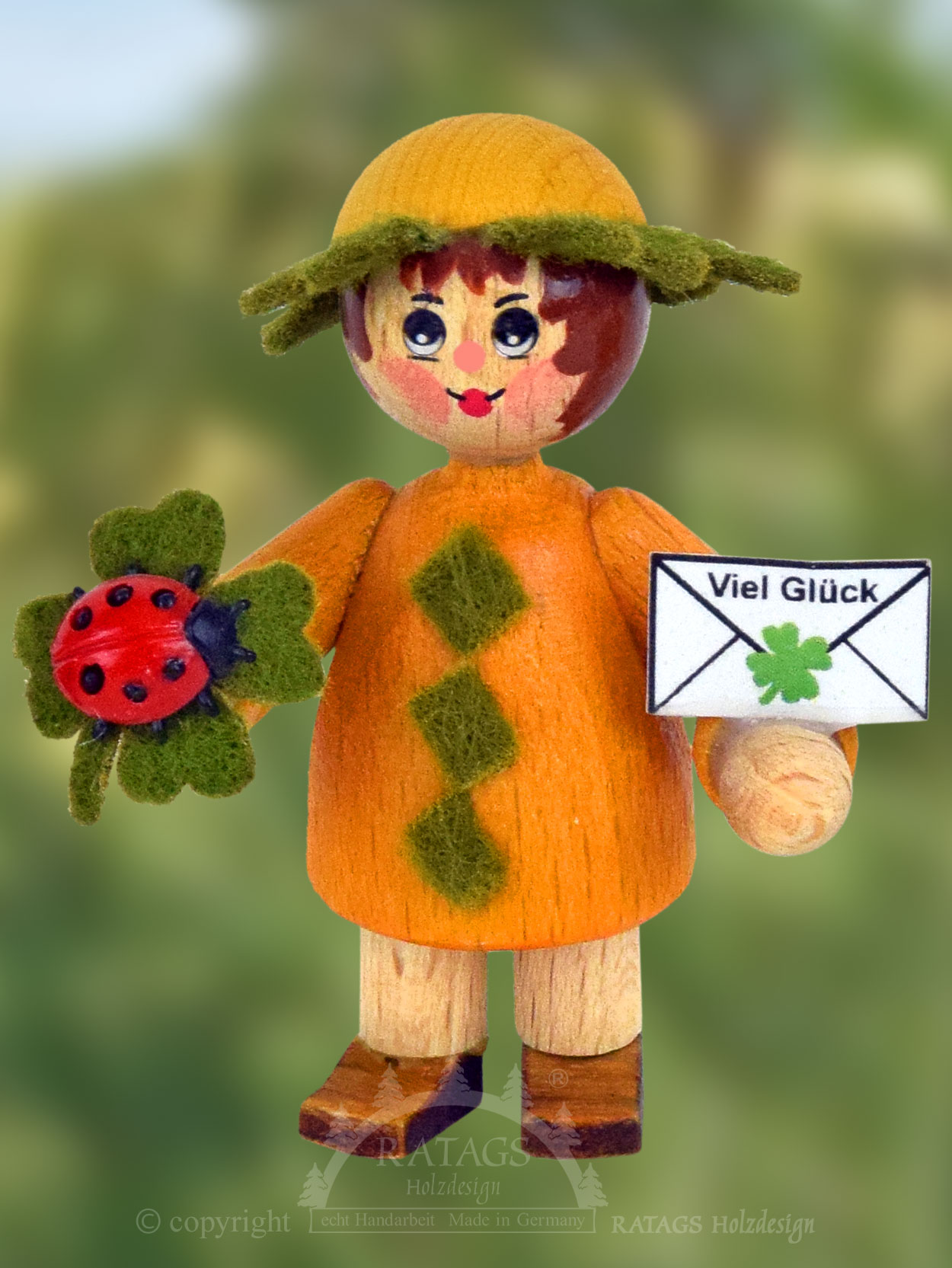 Figur, Glückskind, Mädchen, Glückskäfer, orange Figur, Glückskind, Mädchen, Glückskäfer, orange