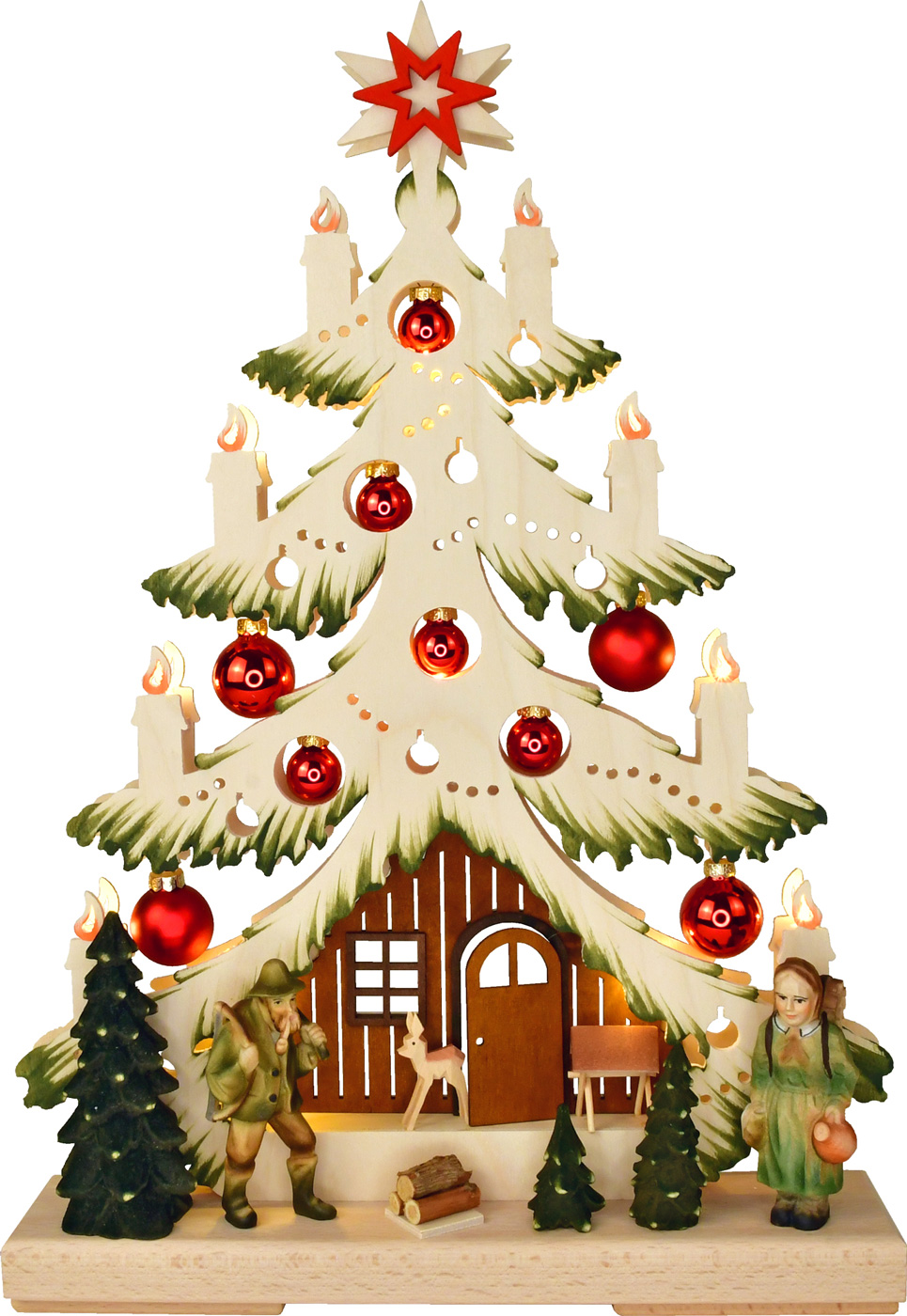 Abeto pequeño, gente del bosque, bolas rojas con sombreado verde, USB completo.