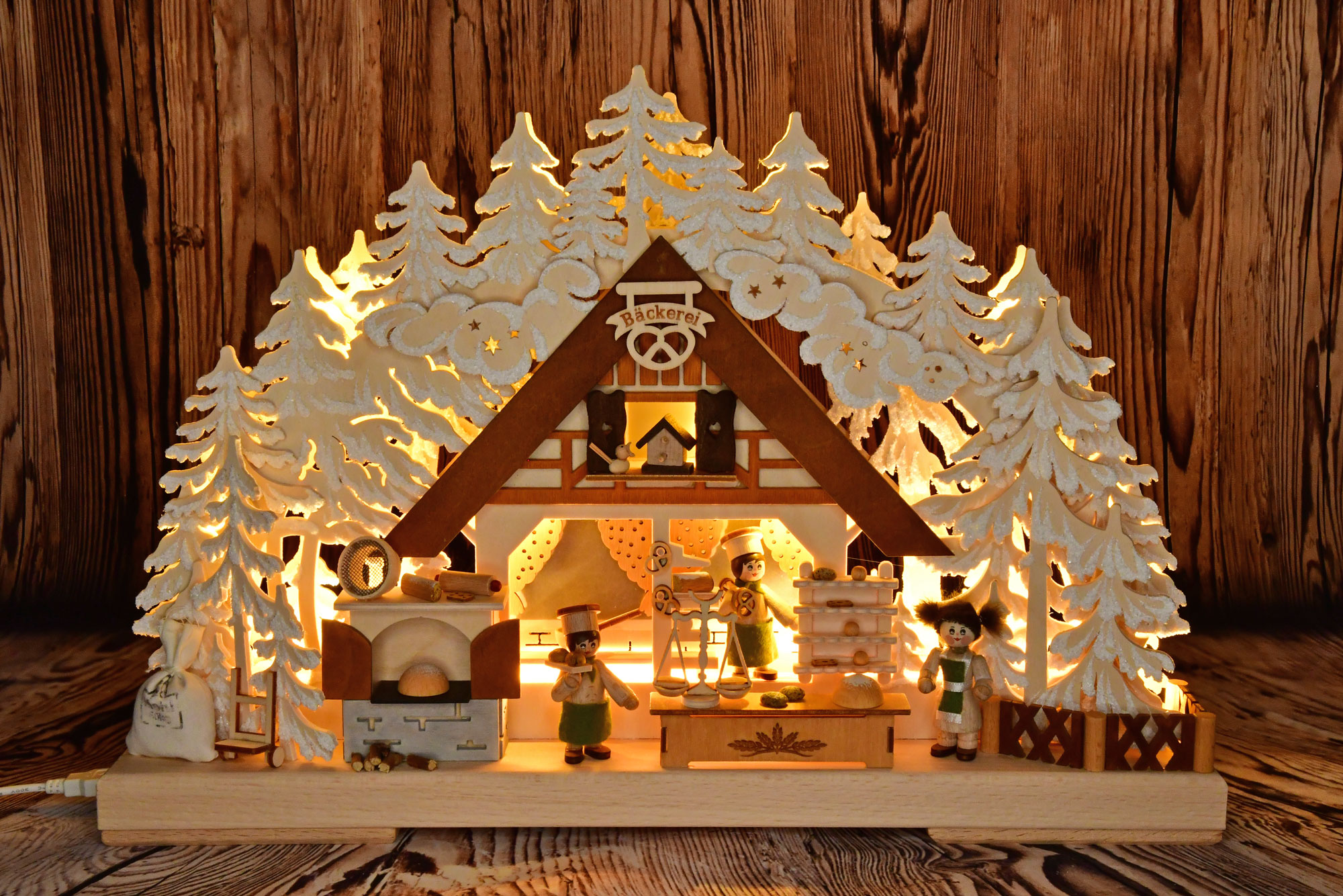 3D-Schwibbogen kl., Bäckerei + LED Raureif