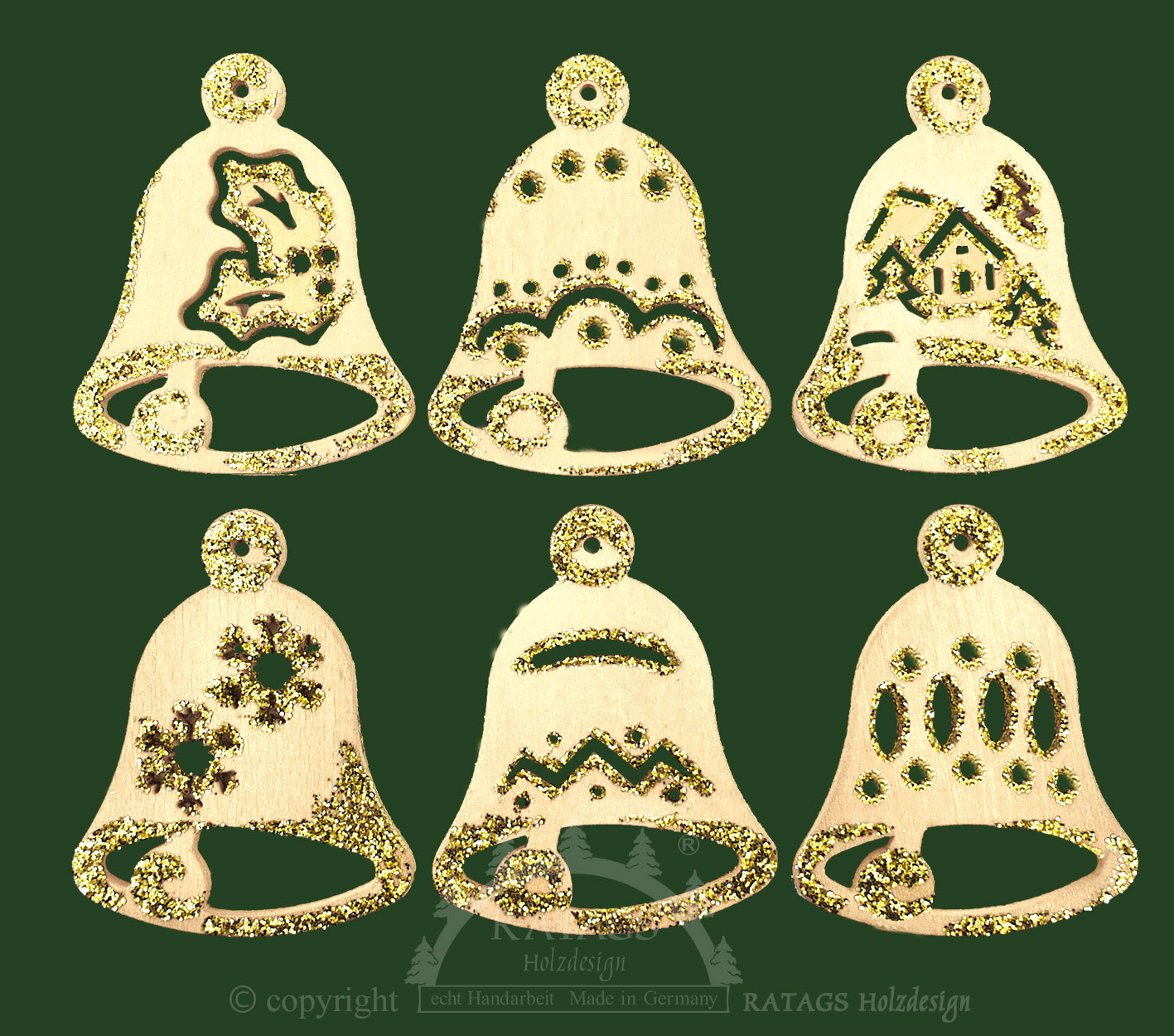 Baumbehang, 6er Set, Glocken, natur-gold