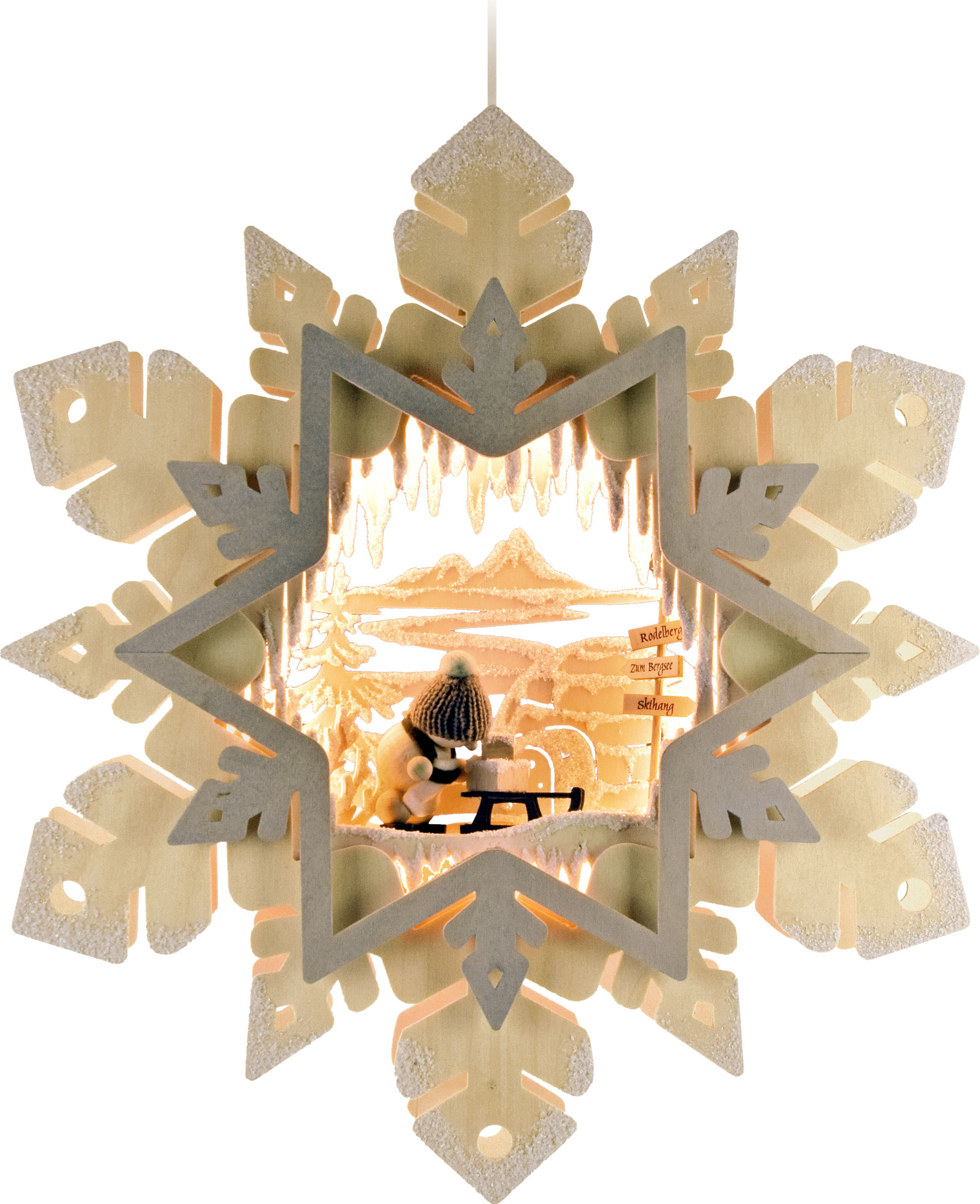 LED window picture, illuminated, Snowmolly snowflake and sledge, hoarfrost