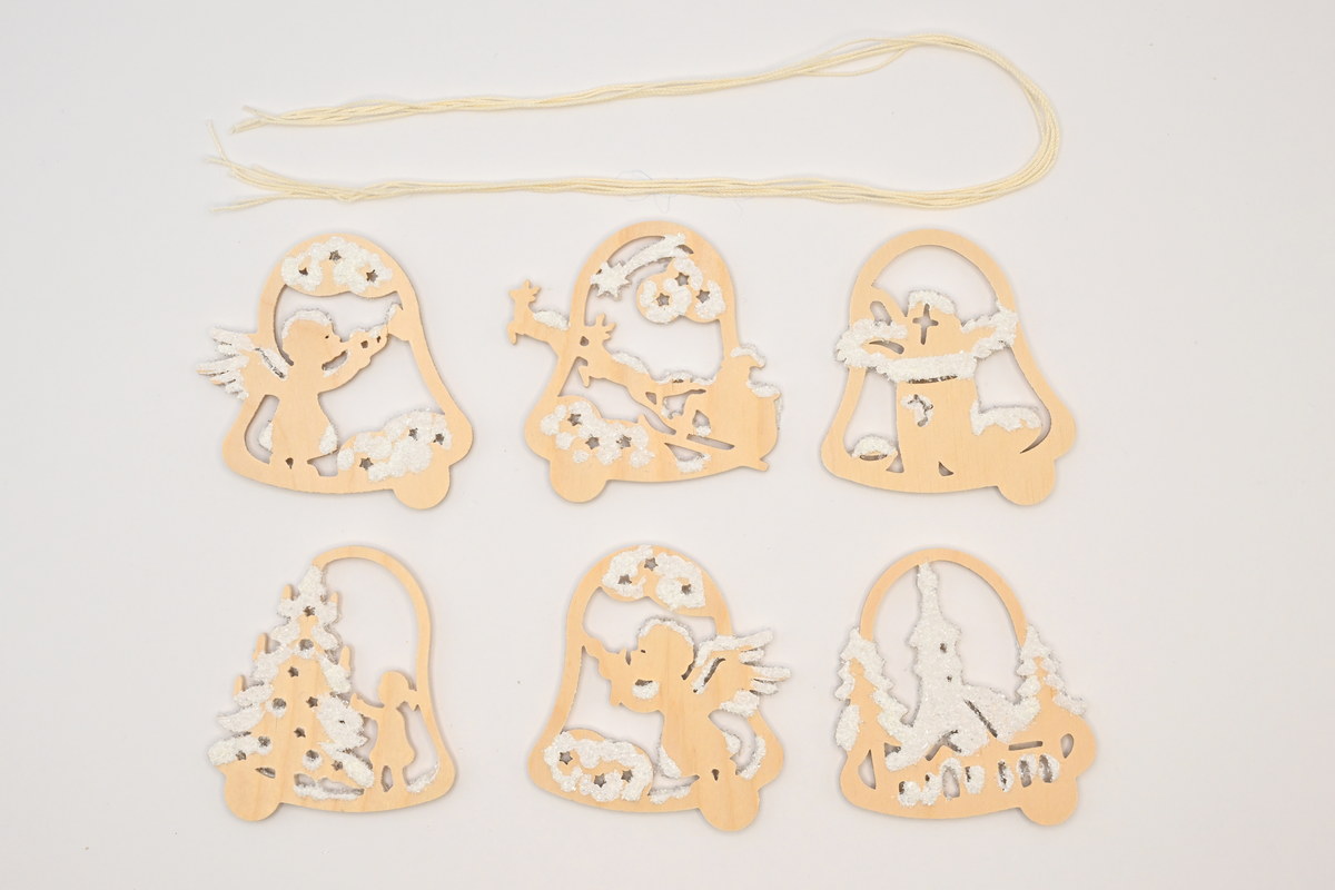 Tree decorations, set of 6, bells, hoarfrost