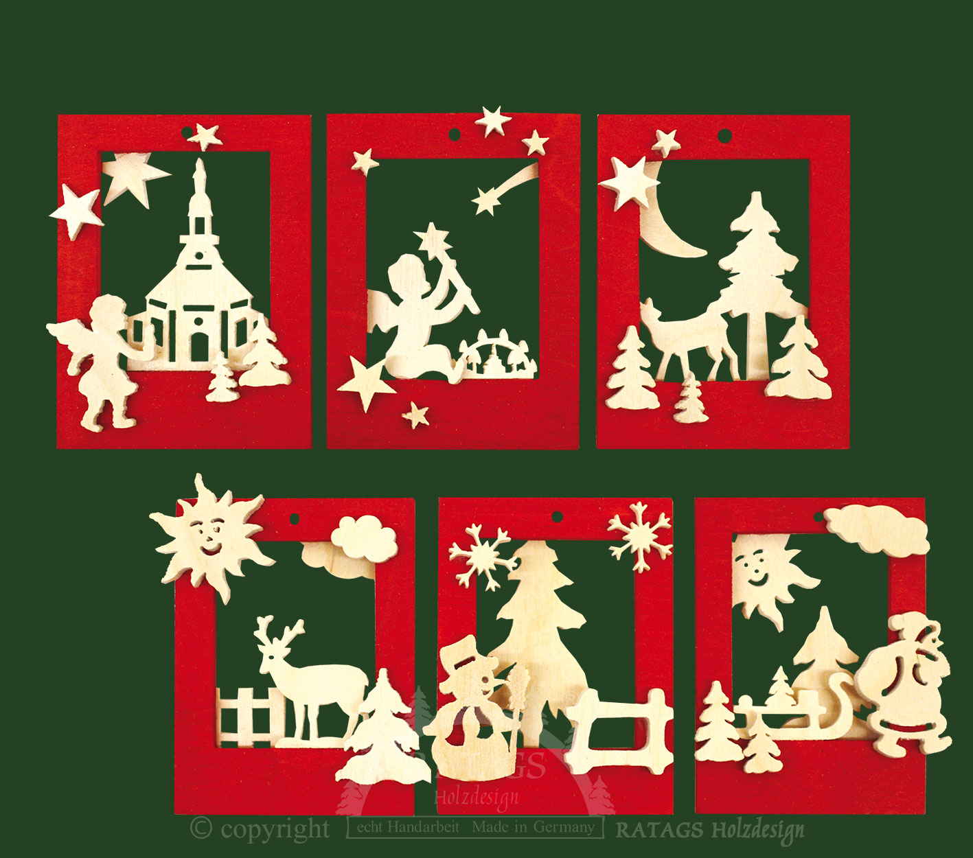 Tree decorations, set of 6, red wooden frames