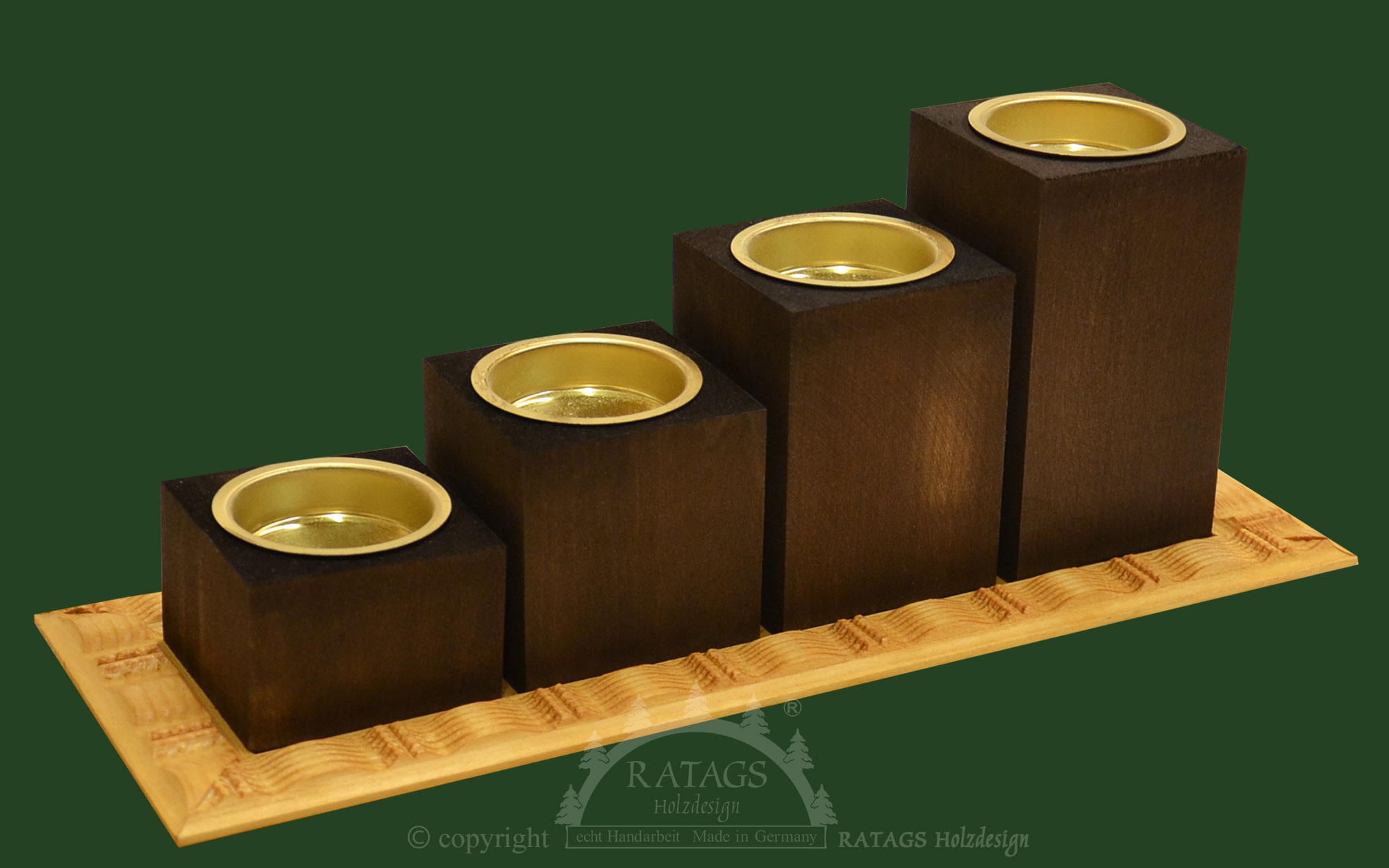 4 tea light holders on ornamental plate, brown
