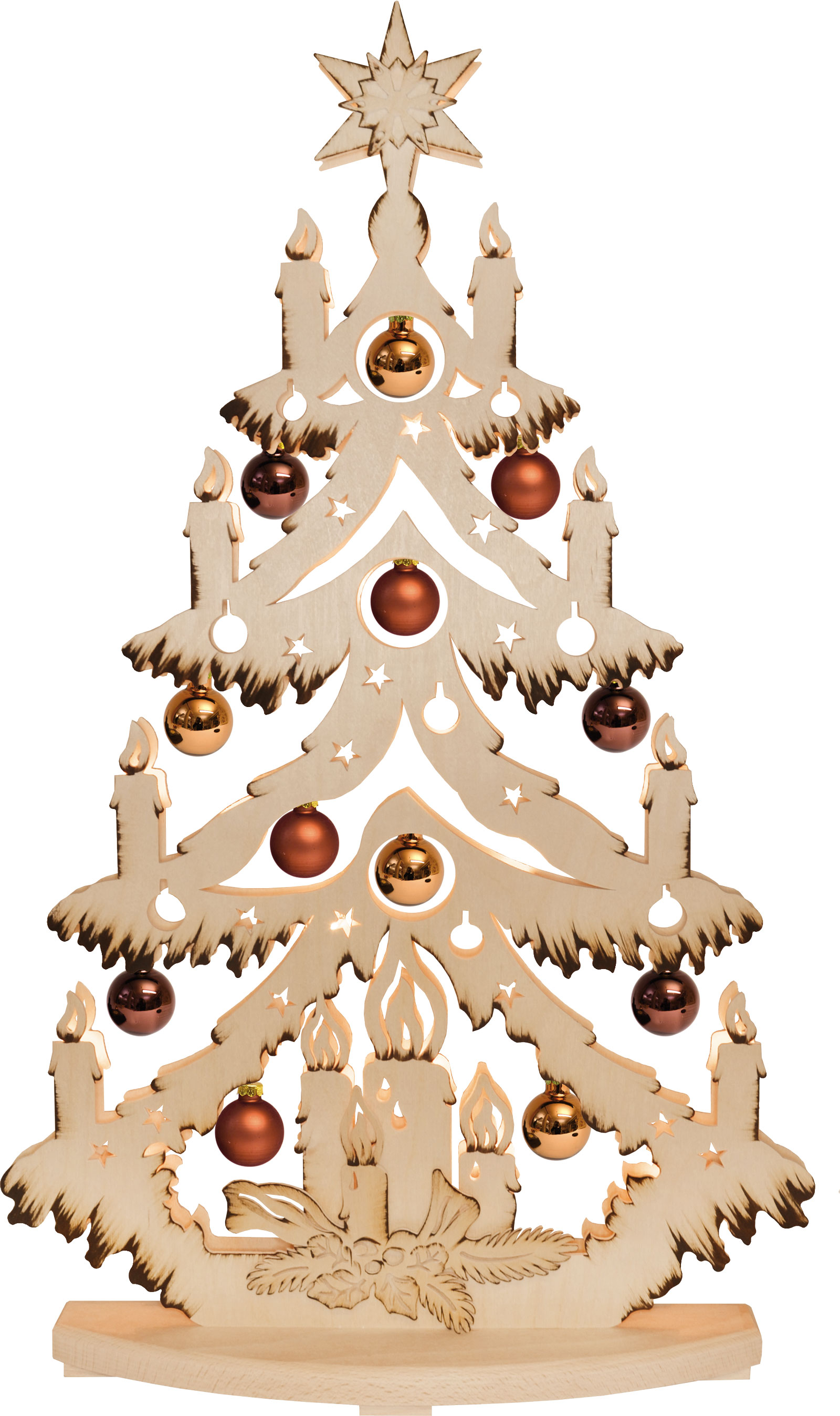 Large fir tree, copper baubles, brown shaded