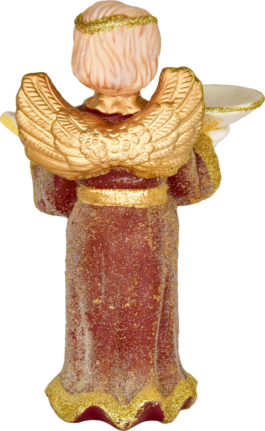 Keramikengel, stehend mit Buch und Schale, Weinrot/Gold, Glitter