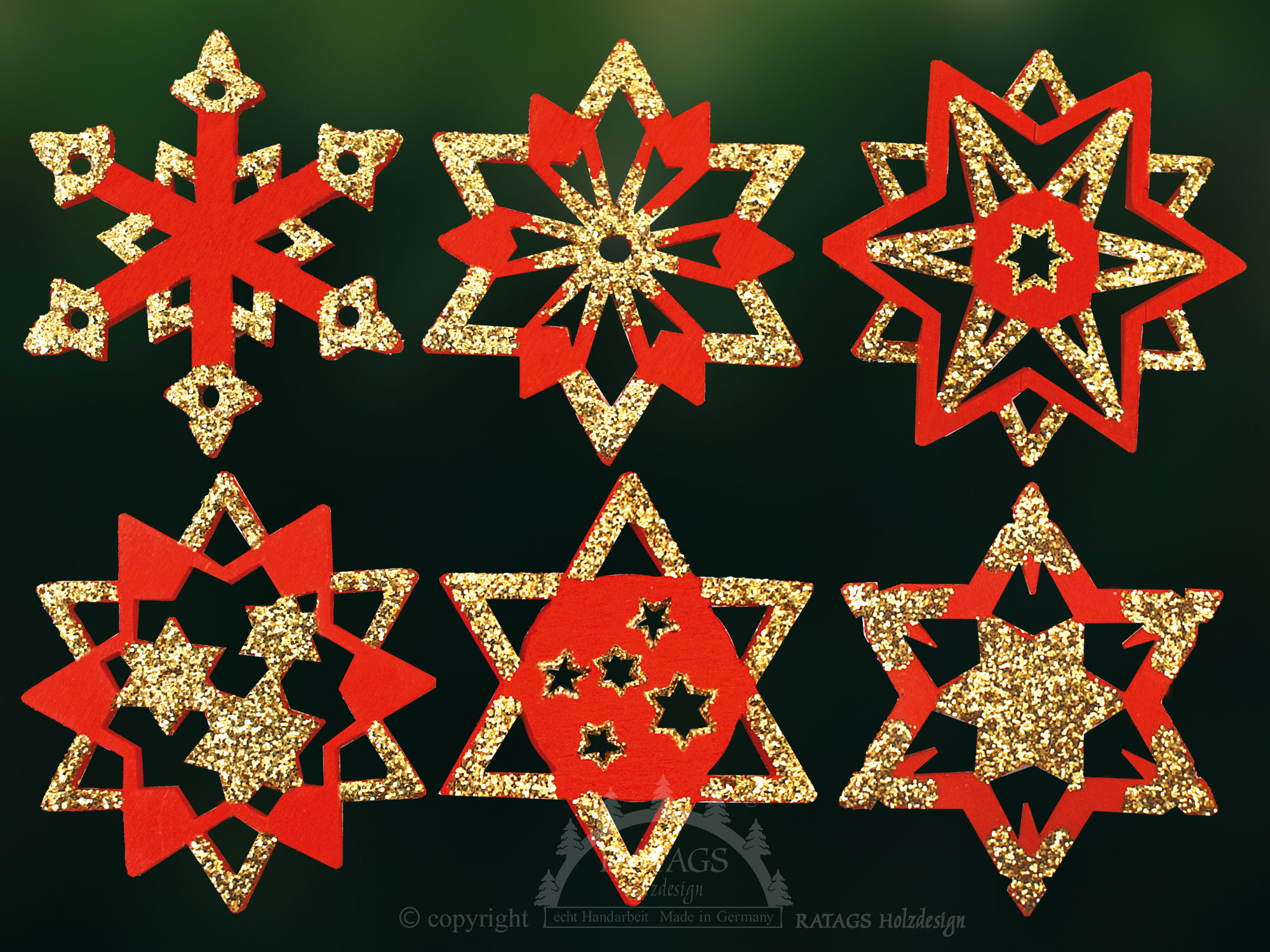 Tree decorations, set of 6, stars, red and gold