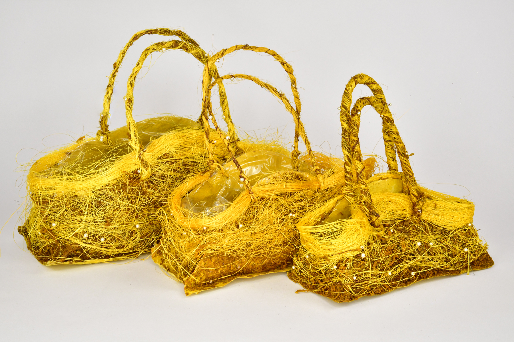 Pflanzgefäße Sisal mit Naturmaterialien Set 3 Taschen rechteckig, mit Henkel