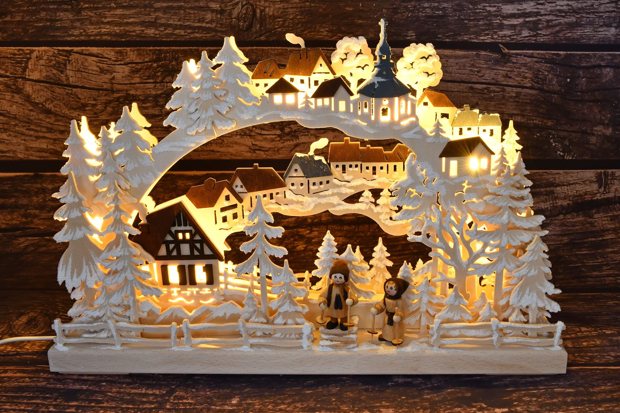 3D-Schwibbogen klein, Winterwanderung farbige Dächer, Raureif 3D-Schwibbogen klein, Winterwanderung farbige Dächer, Raureif