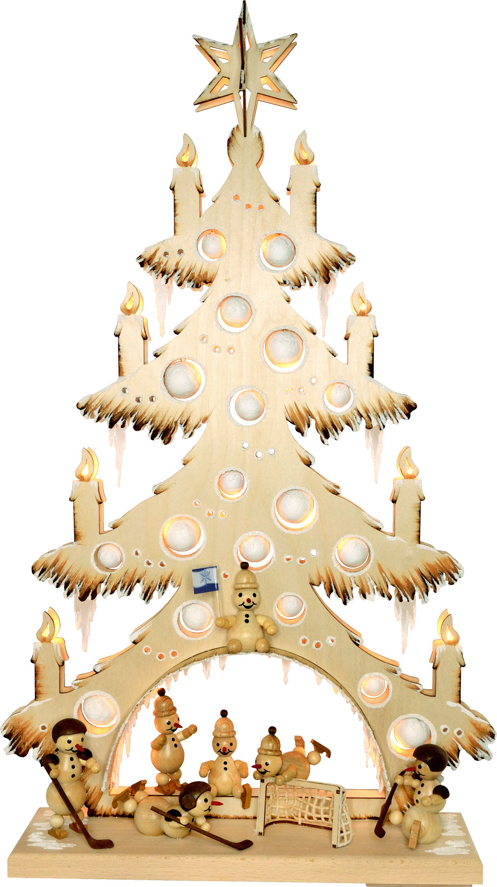 Large fir tree, snowman hockey, hand-painted brown, hoarfrost