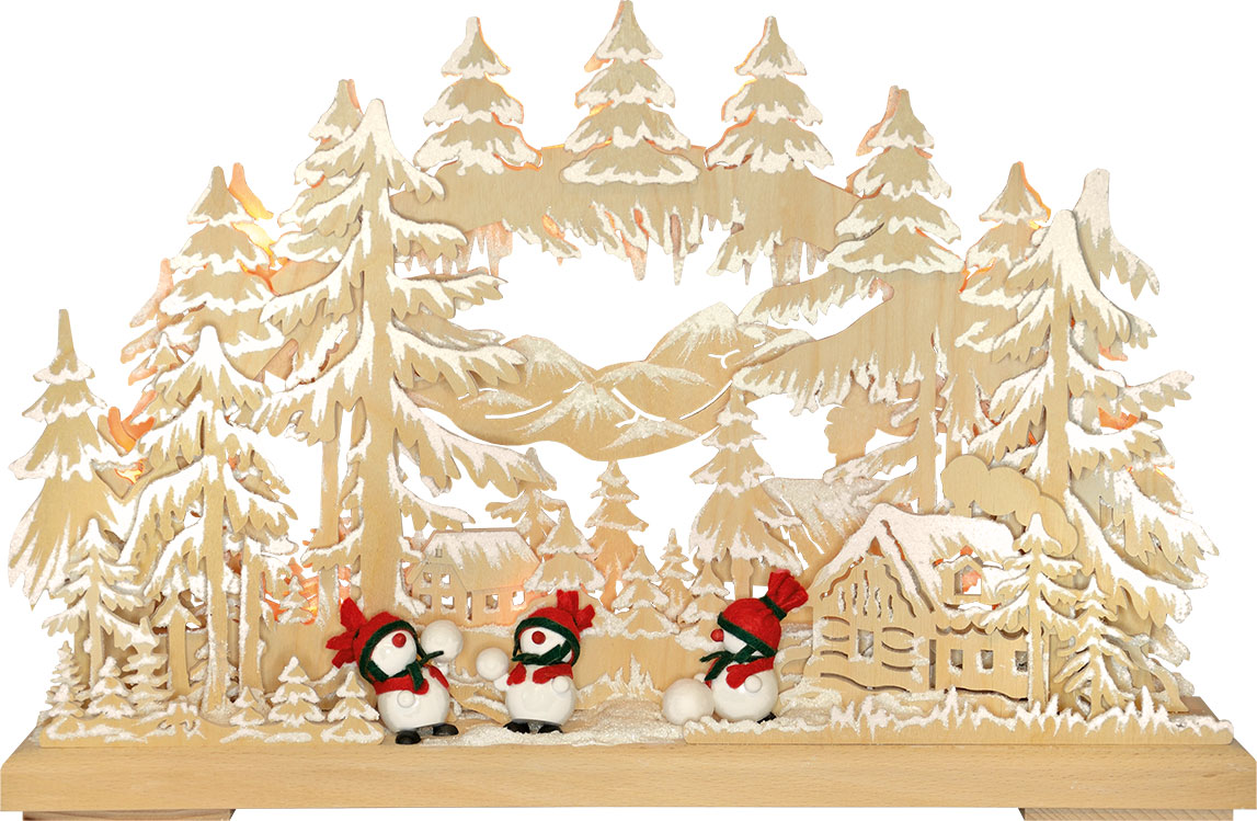3D-Schwibbogen kl., Schneeballschlacht, Raureif, rote Mützen