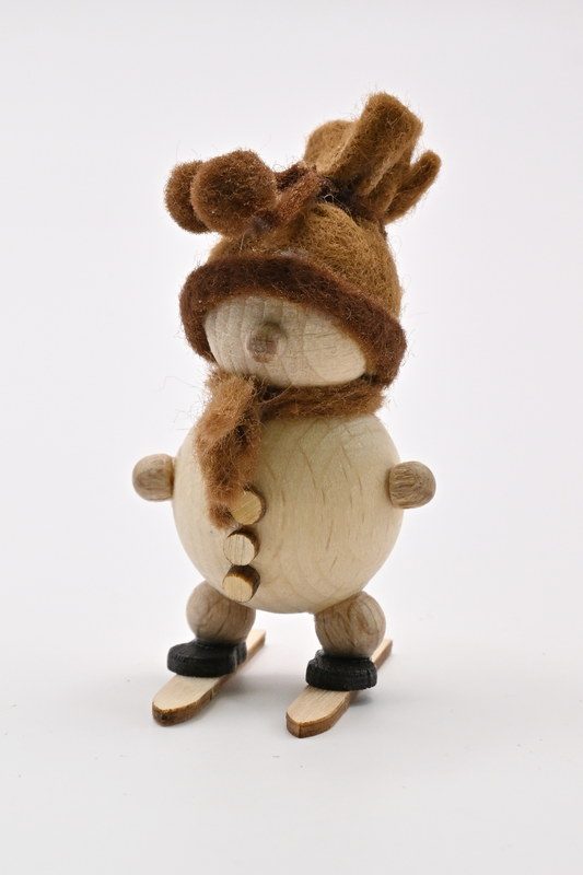 Natural snowman, on skis, brown hat, H 5 cm