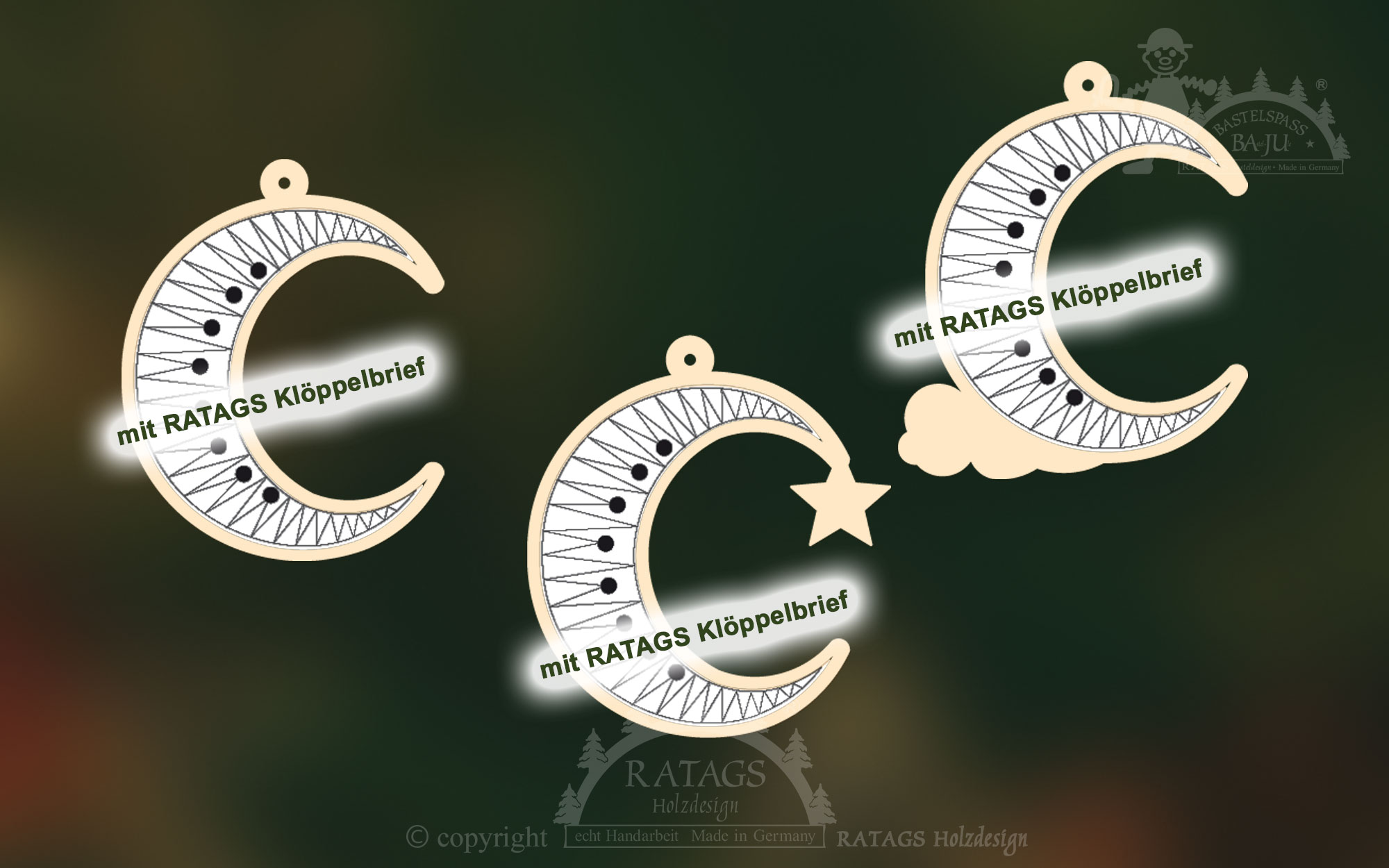 3 bobbin lace frames, moons to hang up with RATAGS bobbin lace pattern