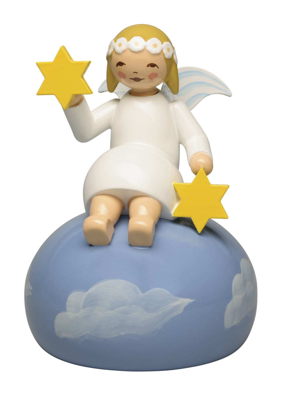 Engel mit Margeritenkranz auf Wolken, sitzend