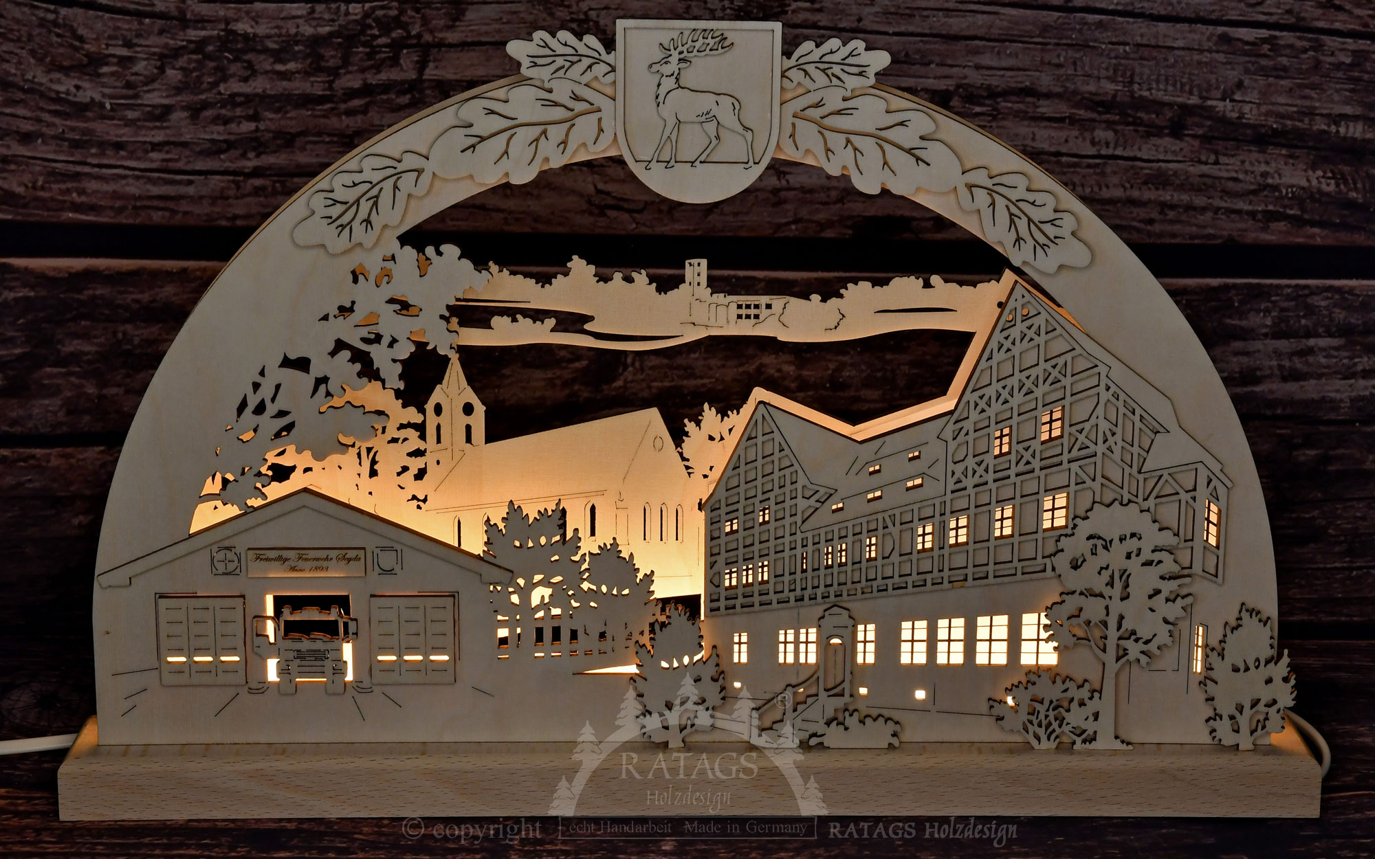 Small 3D candle arch, Seyda motif with coat of arms, LED strip