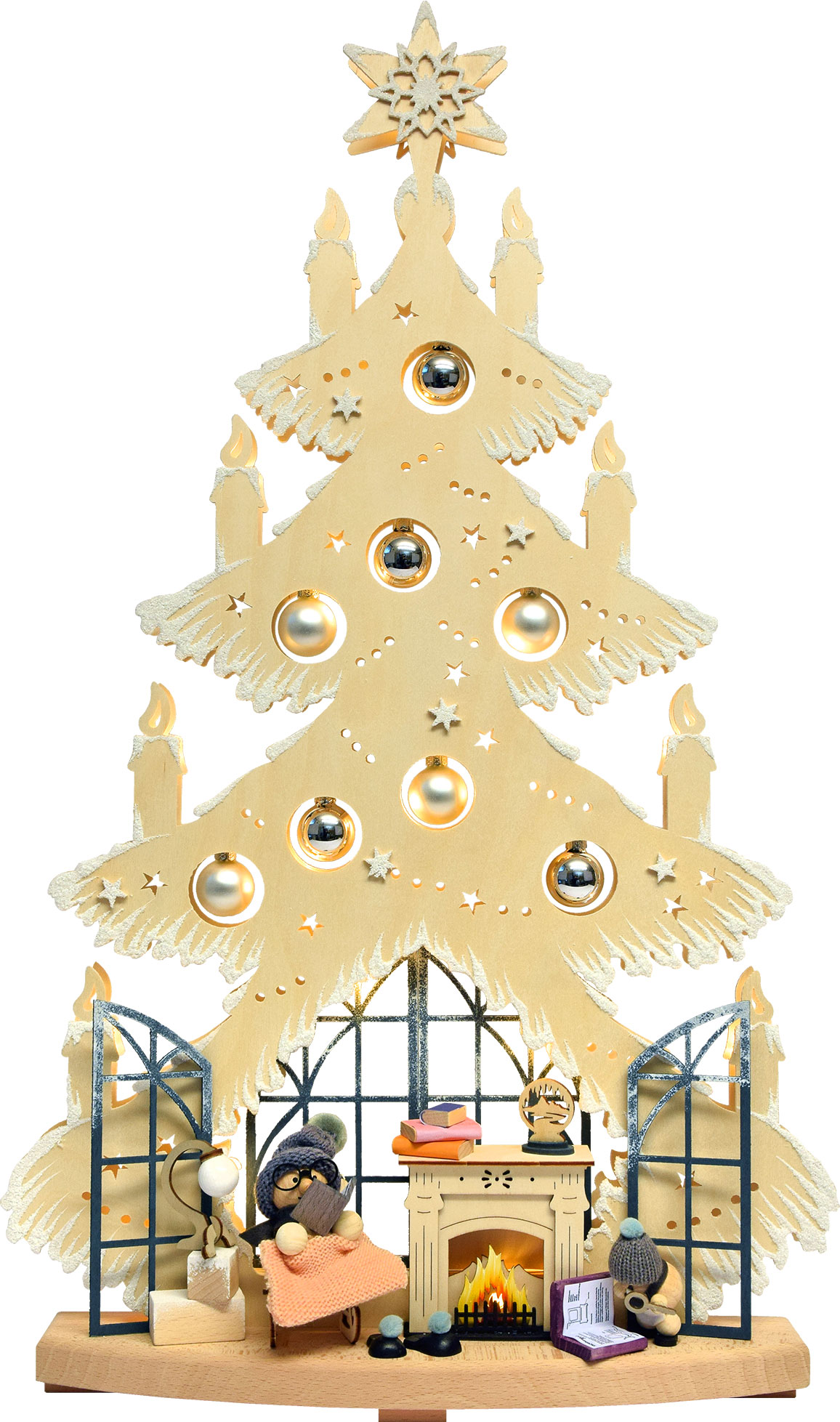 Large fir tree, hoarfrost, fireplace room with grandmother, shiny silver baubles