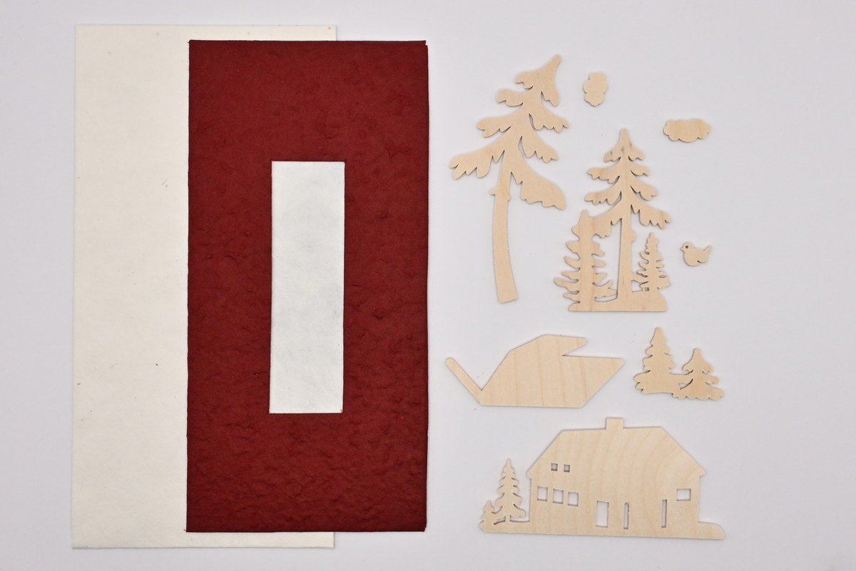 Card, burgundy, with accessories