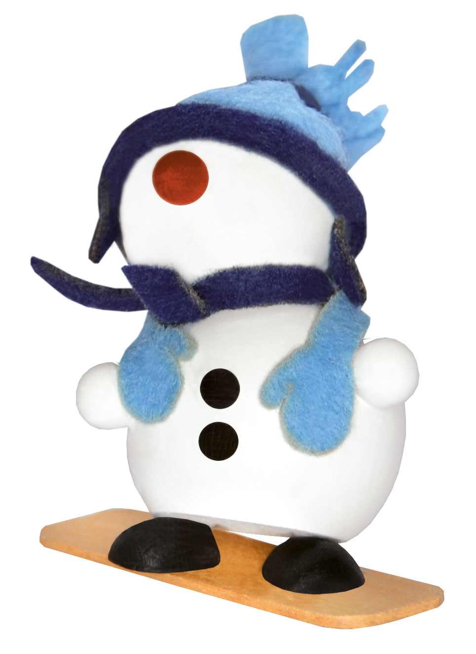 Schneemann auf Snowboard, blaue Mütze