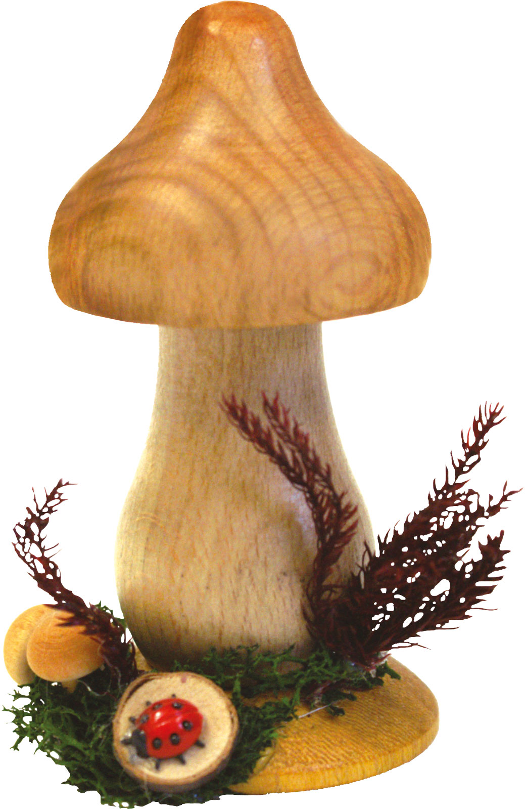 Champignon fumigène, voile orange, chapeau clair, coccinelle porte-bonheur