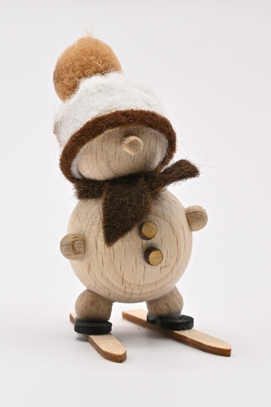 Natural snowman, on skis, white hat, H 5 cm
