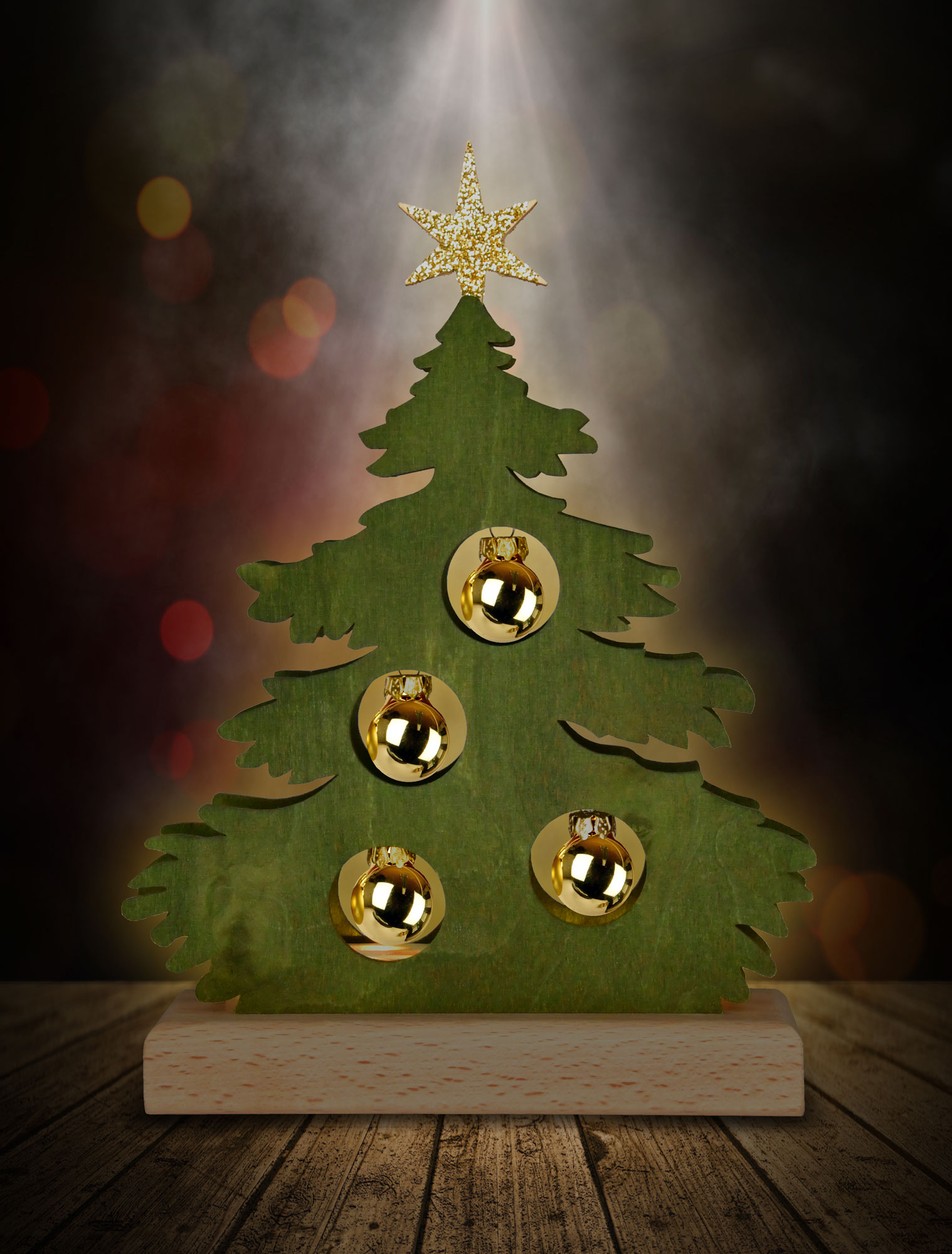 Mini fir tree, stained green, golden baubles, half USB