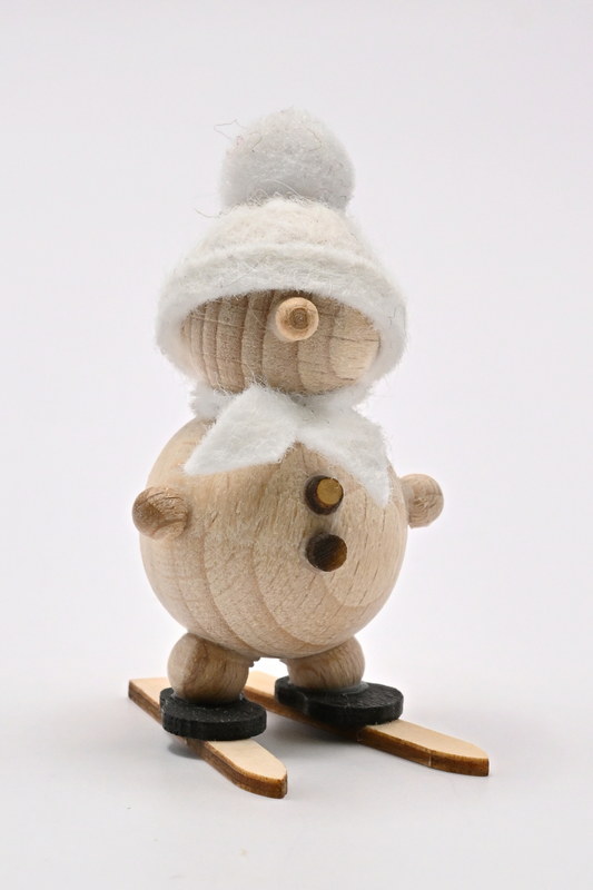 Natural snowman, on skis, white hat, H 5 cm