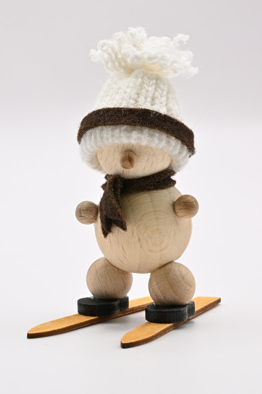 Snowman on skis, hat white/brown 7 cm