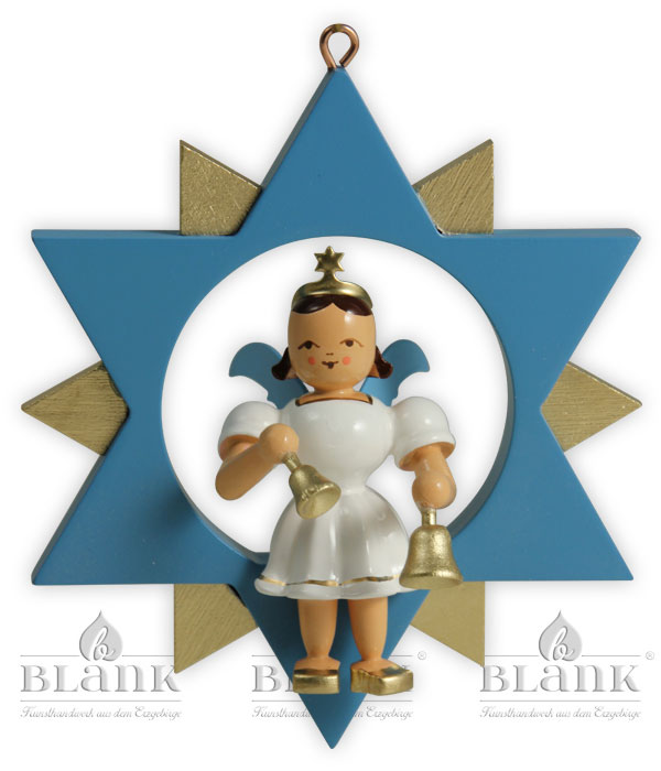 Angel in a star, coloured bells, 9 cm