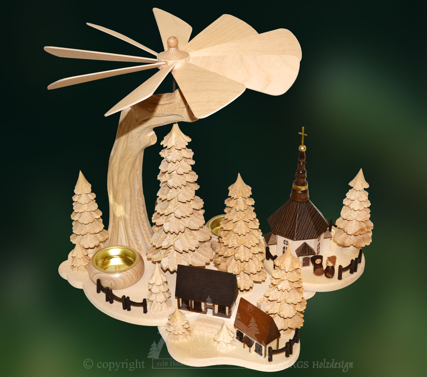 Solid wood pyramid, church with cross, carved trees