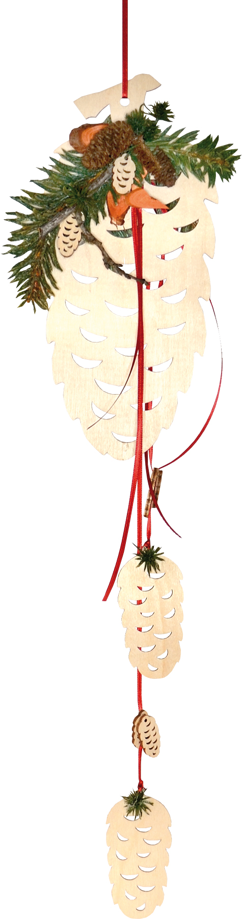 Window decoration, cones, red ribbon with floral arrangement