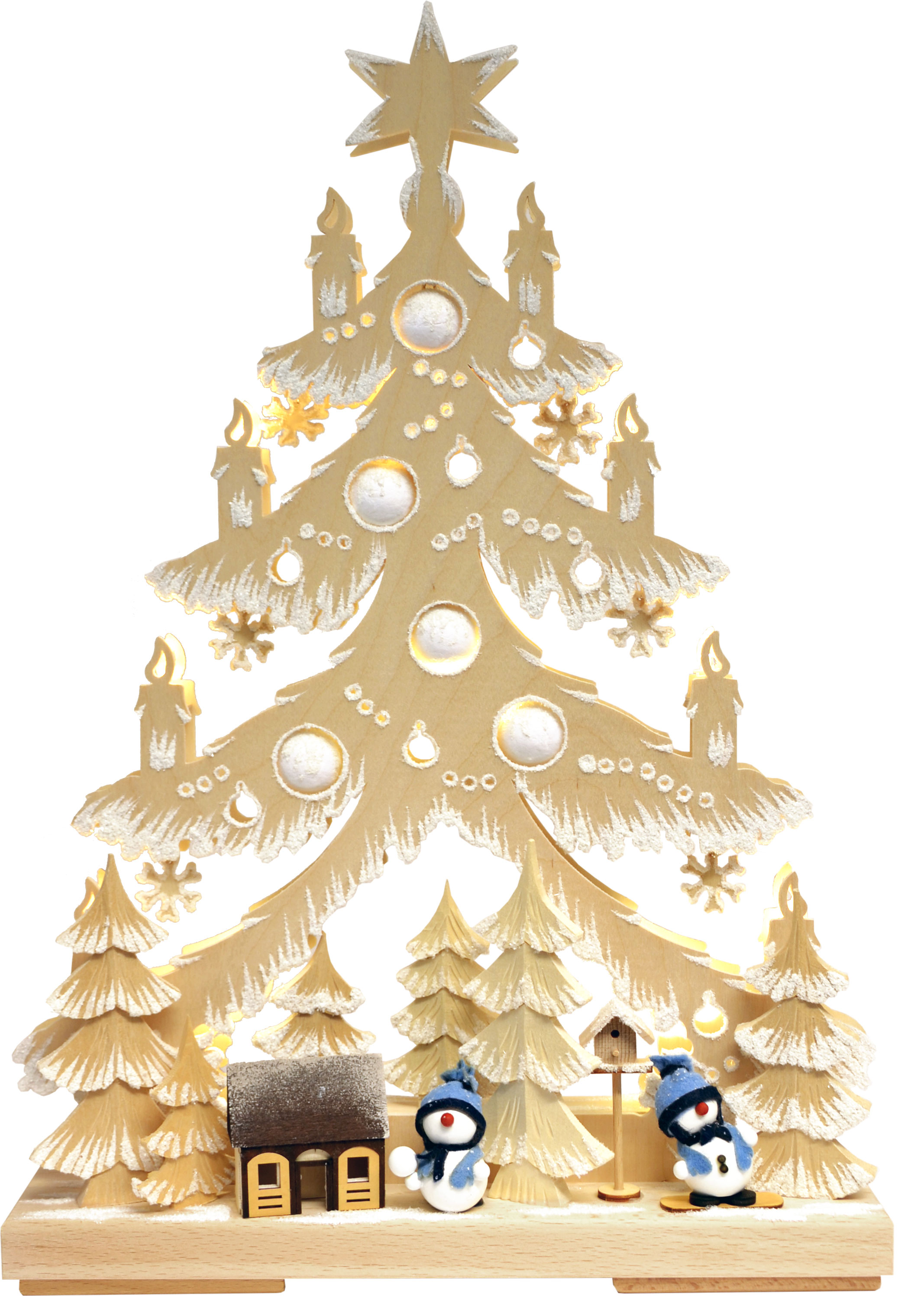 Small fir tree, snowmen with blue hats, natural, hoarfrost