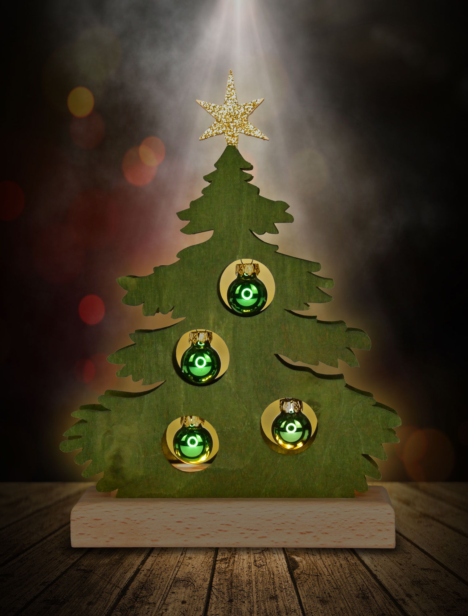 Mini fir tree, stained green, green baubles, half USB