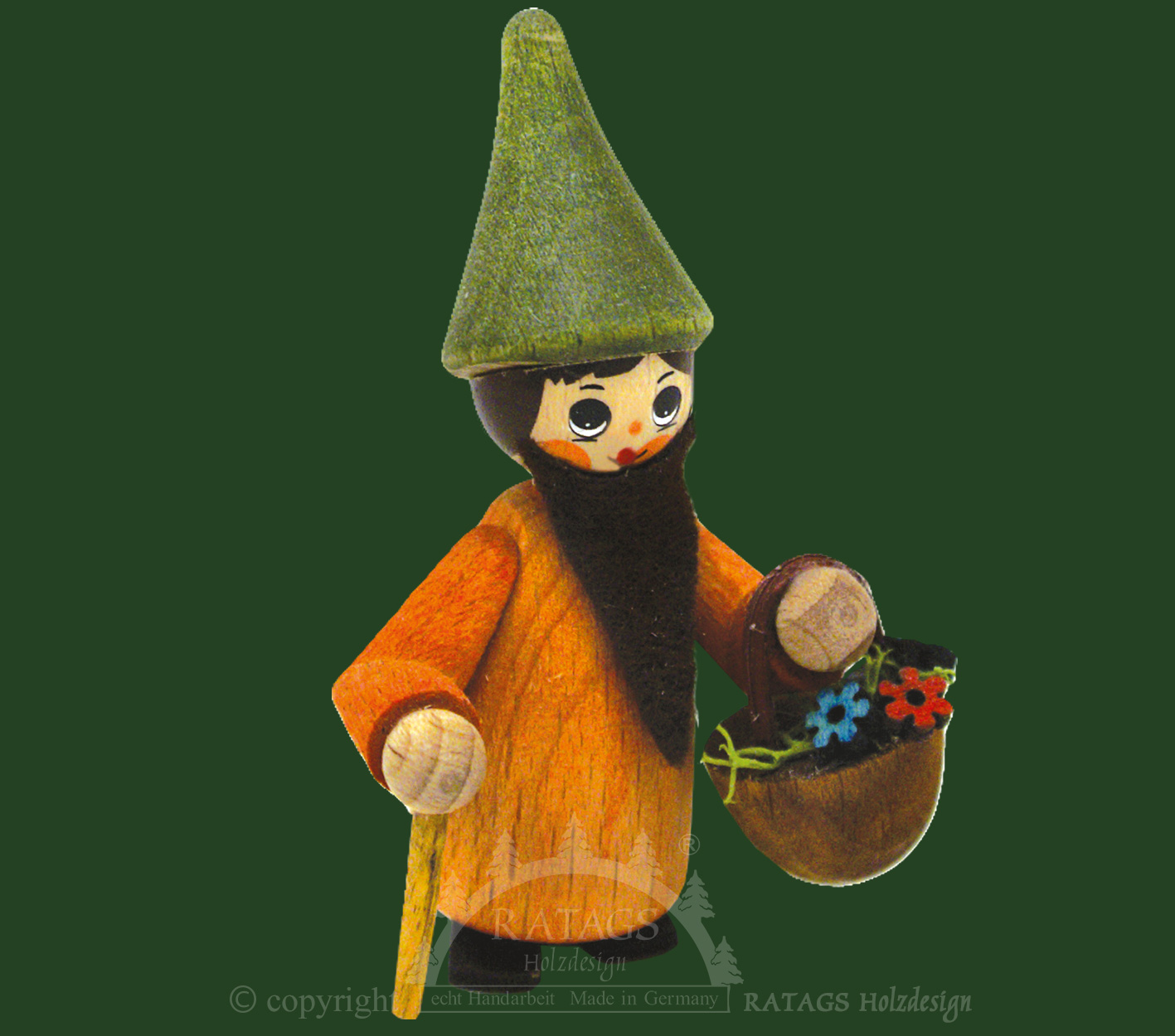 Figura, anão com bengala, cesta de mão com flores