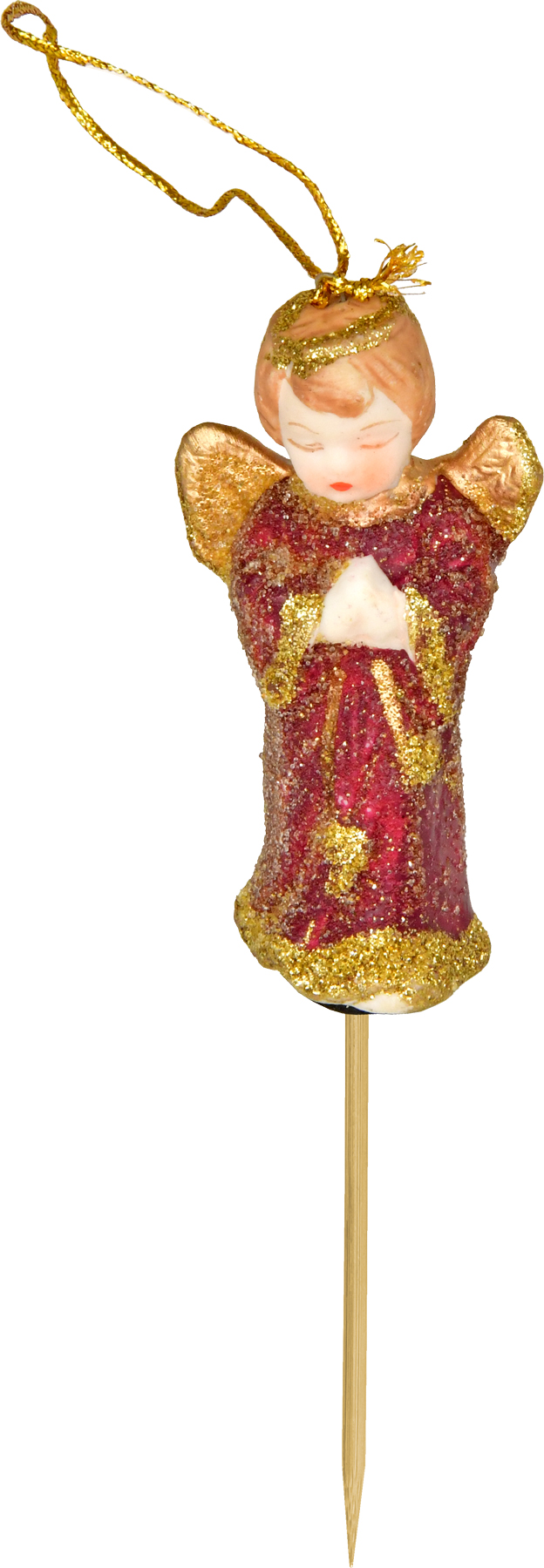 Keramikengel, mini, betend, zum Hängen o. Stecken, Weinrot/Gold, Glitter