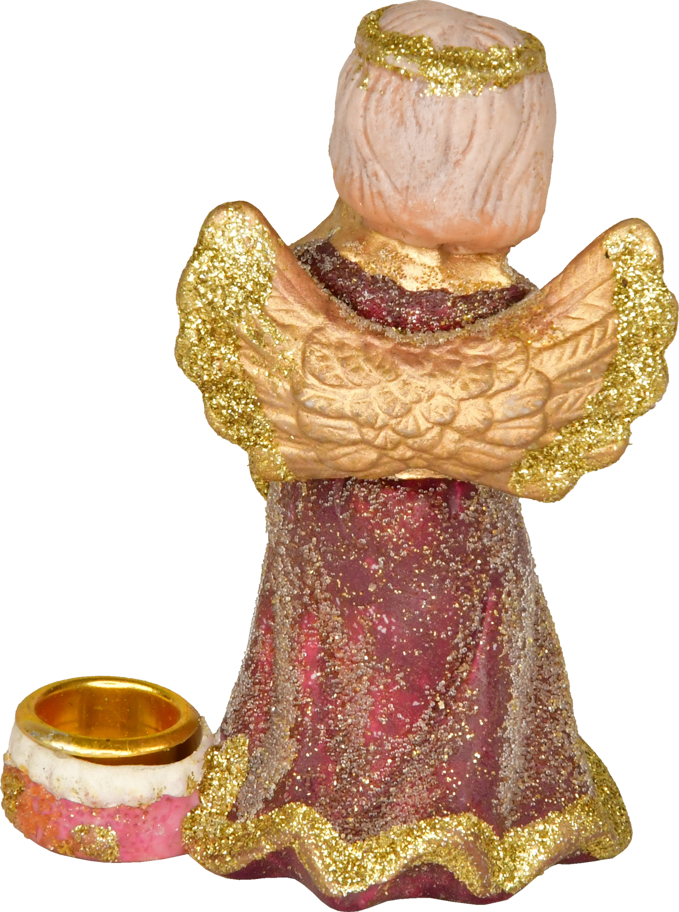 Ceramic angel, standing with lyre, with candle holder, wine red/gold, glitter