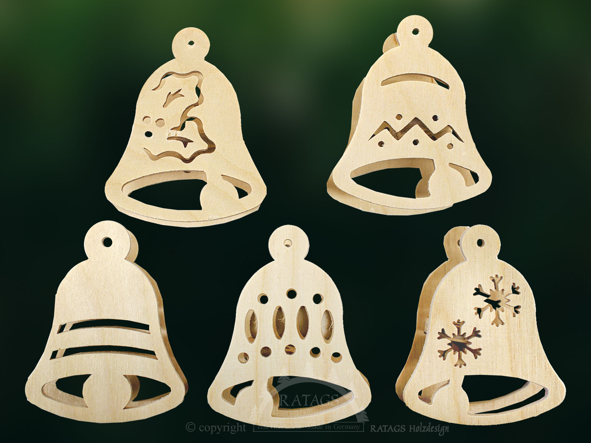 Tree decorations, set of 5, bells